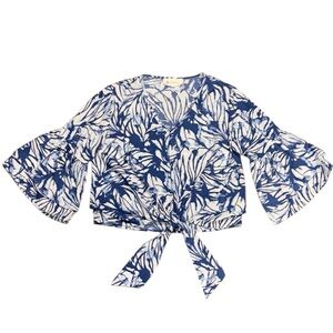 Adorable Blue and White Leaf Print Women's Top with bell sleeves - Medium